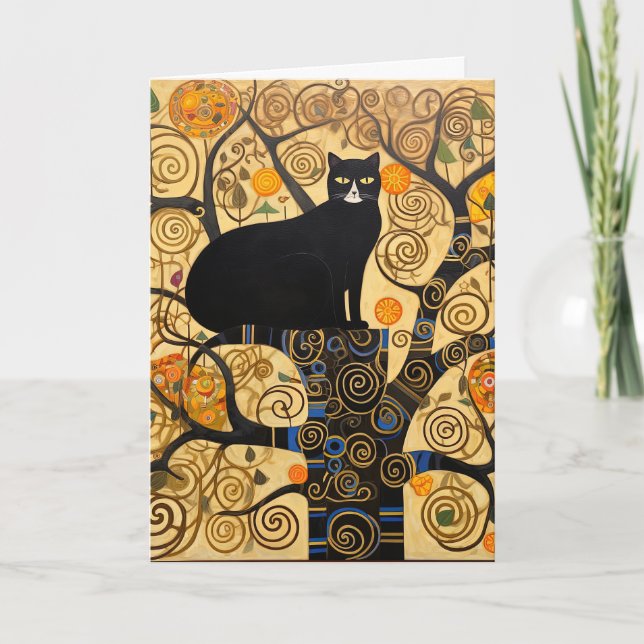 Black Cat in Tree of Golden Swirls Card (Front)