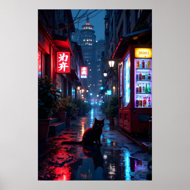 Black cat in urban alleyway at night with vibrant  poster (Front)