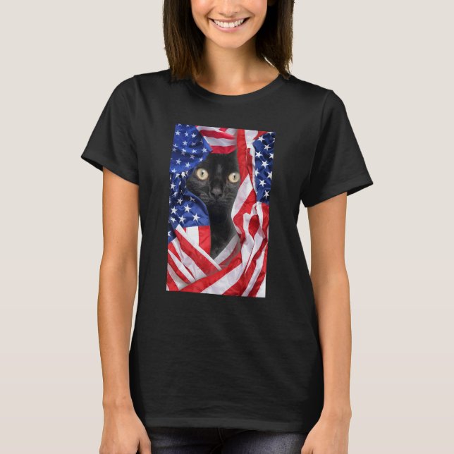 Black Cat in USA Flag 4th of July Men Women T-Shirt (Front)