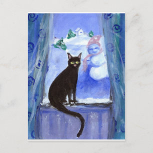 Black cat in window postcard