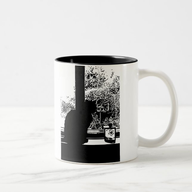 Black cat in window Two-Tone coffee mug (Right)