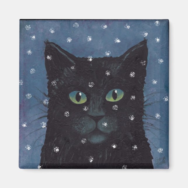 black cat in winter snow magnet (Front)