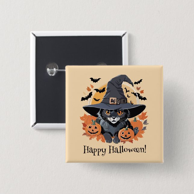 Black Cat in Witch Hat Halloween 15 Cm Square Badge (Front & Back)