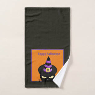 Black Cat in Witch Hat Halloween Bathroom Towel