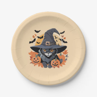 Black Cat in Witch Hat Halloween Paper Plate