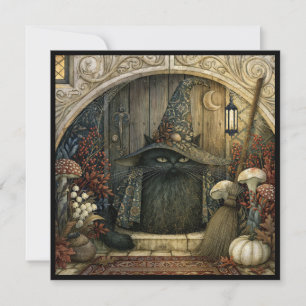 Black Cat in Witch Hat Halloween Party Invitation