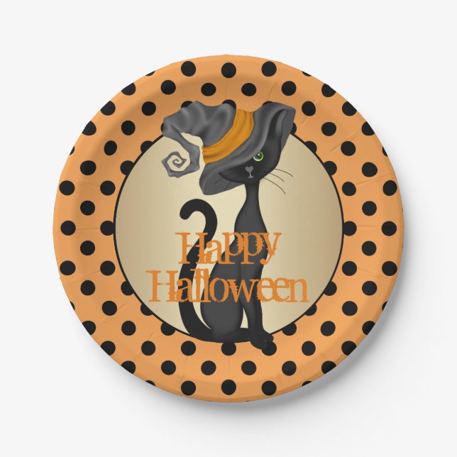 Black Cat in Witch Hat Halloween Party Paper Plate (Front)