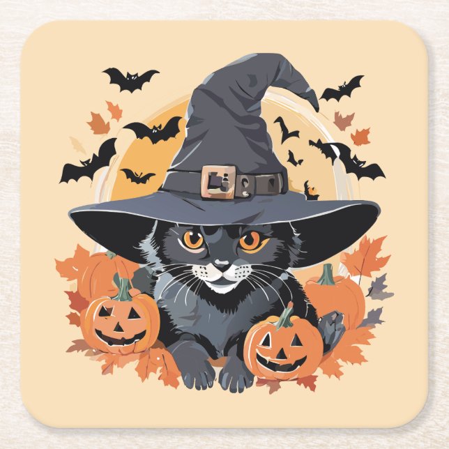 Black Cat in Witch Hat Halloween Square Paper Coaster (Front)