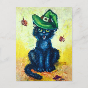 Black cat in witch hat postcard