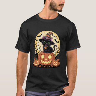 Black cat in Witch hat Sitting on Jack o Lanterns T-Shirt