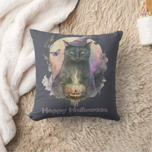 Black Cat in Witches Hat Grey Celestial Halloween Cushion