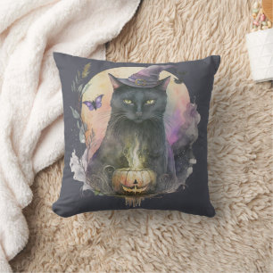 Black Cat in Witches Hat Grey Celestial Halloween Cushion
