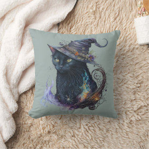 Black Cat in Witches Hat Smoke Green Halloween Cushion