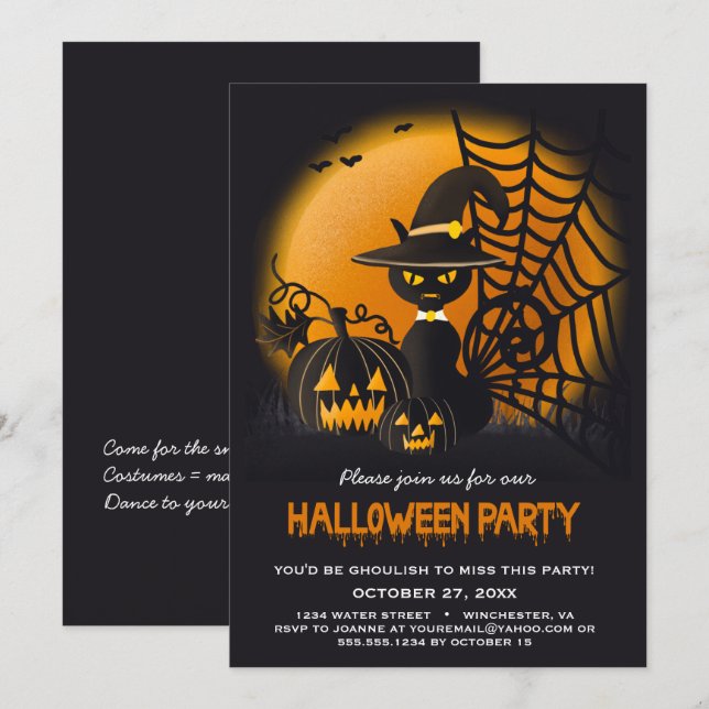 Black Cat in Witche's Hat Web Pumpkins Halloween | Invitation (Front/Back)