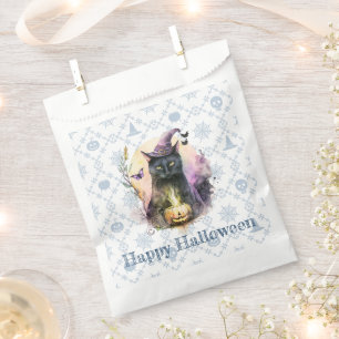 Black Cat in Witch's Hat Blue Happy Halloween Favour Bags