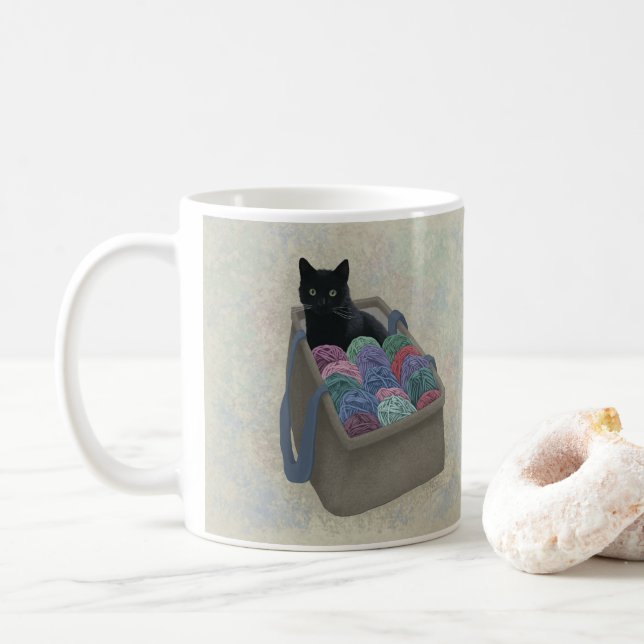 Black cat in yarn bag coffee mug (With Donut)
