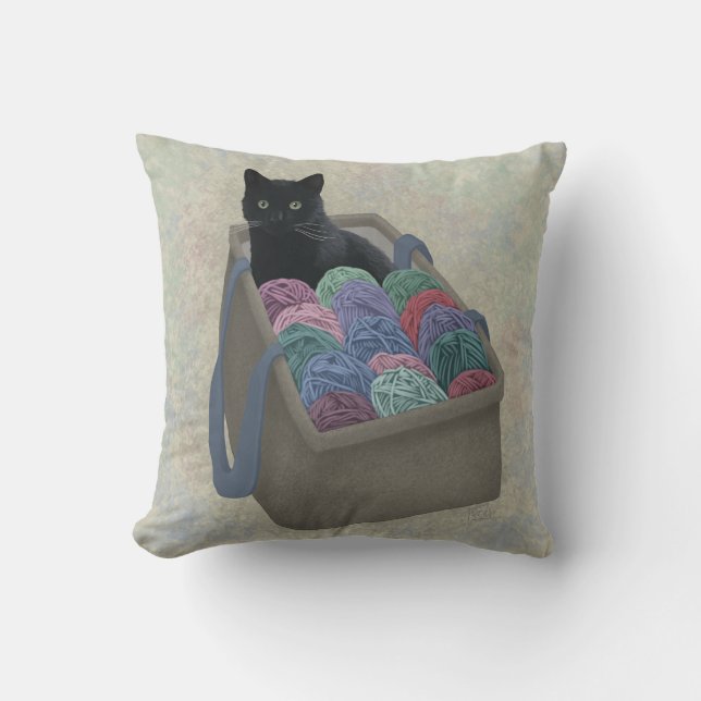 Black cat in yarn bag  cushion (Front)