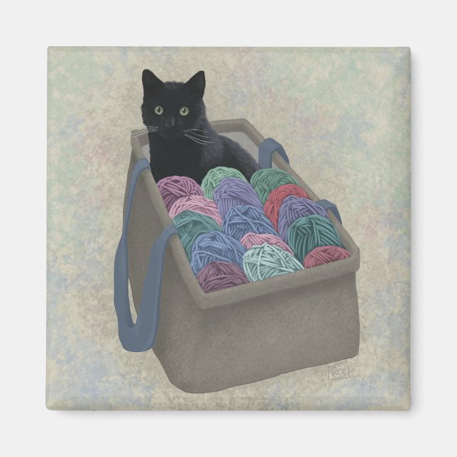 Black cat in yarn bag  magnet (Front)