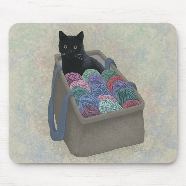 Black cat in yarn bag  mouse mat (Front)