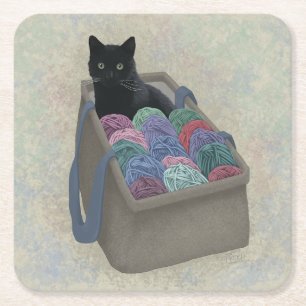 Black cat in yarn bag  square paper coaster