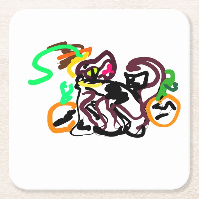 Black Cat ink Autumn Square Paper Coaster (Front)