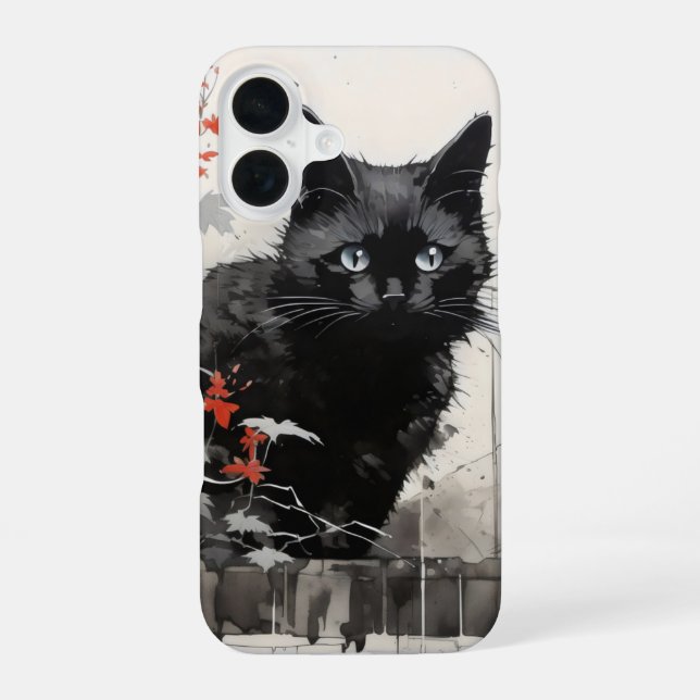 Black Cat Ink iPhone 16 Case (Back)
