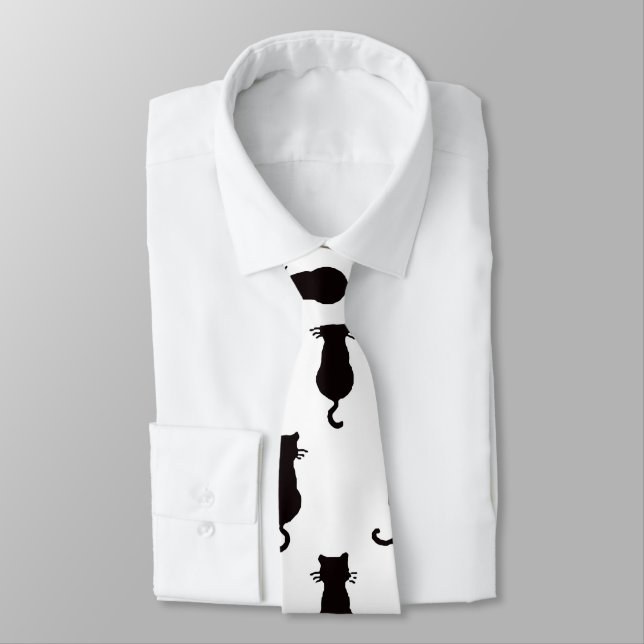 Black Cat Isolated on White Polka Dot Pattern Tie (Tied)