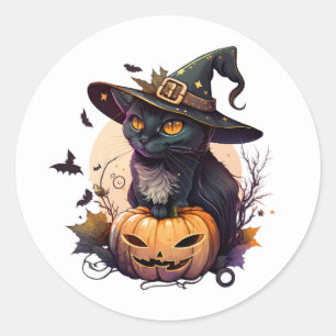 Black Cat Jack-O-Lantern and Bats  Classic Round Sticker