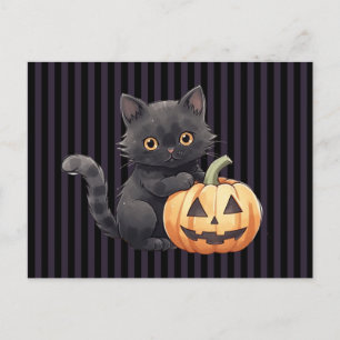 Black Cat Jack-O' Lantern Black Striped Halloween Holiday Postcard