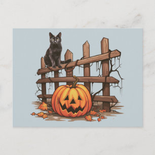 Black Cat Jack-O' Lantern Grey Blue Halloween Holiday Postcard