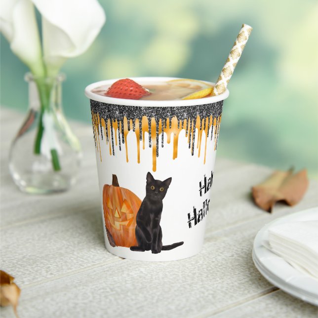 Black Cat Jack o' Lantern Halloween Paper Cups (Insitu)