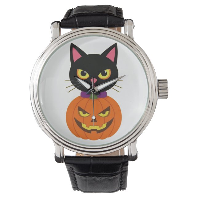 Black Cat & Jack-O'-Lantern Halloween Spooky  Watch (Front)