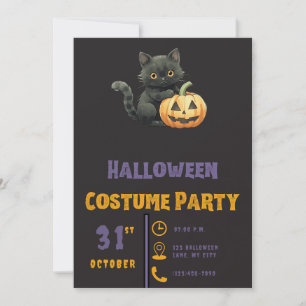 Black Cat Jack-O' Lantern Modern Black Halloween Invitation