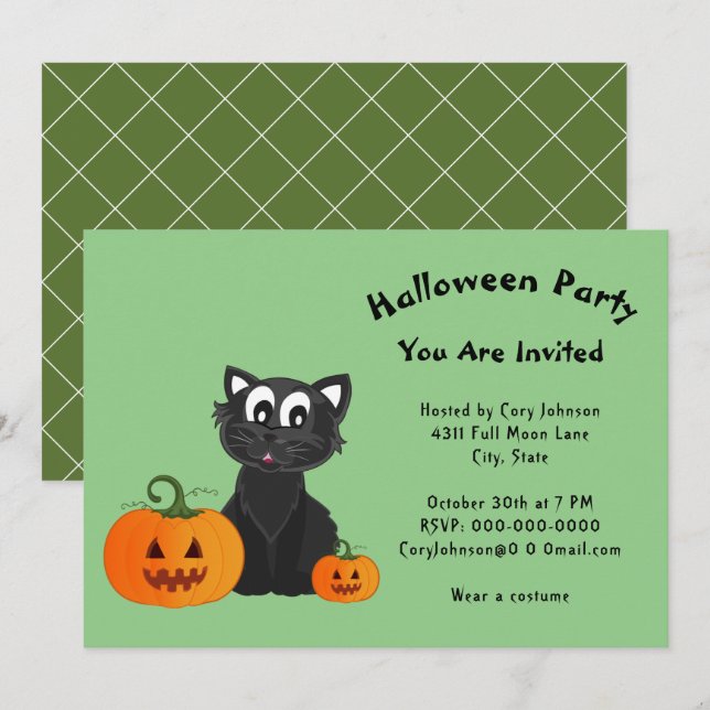 Black Cat Jack o' Lanterns Pumpkin Halloween Party Invitation (Front/Back)