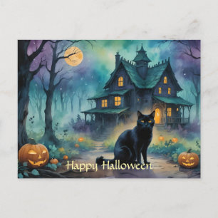 Black Cat, Jack O Lanterns, Spooky House Halloween Holiday Postcard