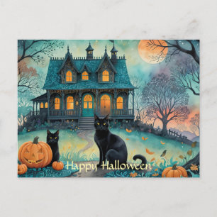 Black Cat, Jack O Lanterns, Spooky House Halloween Holiday Postcard