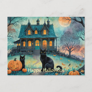 Black Cat, Jack O Lanterns, Spooky House Halloween Holiday Postcard