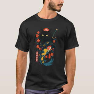 Black Cat Japanese Samurai Cherry Blossom Koi Japa T-Shirt