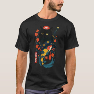 Black Cat Japanese Samurai Cherry Blossom Koi Japa T-Shirt