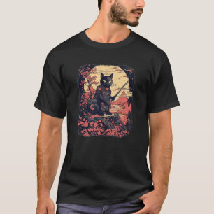 Black Cat Japanese samurai ninja warrior flowers, T-Shirt