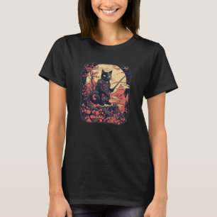 Black Cat Japanese samurai ninja warrior flowers, T-Shirt