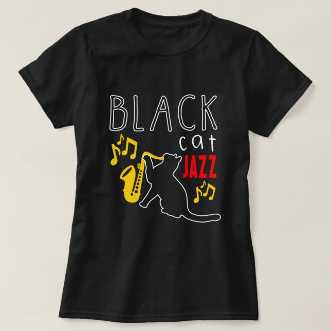 Black Cat Jazz Kitten Saxophone Musician Pet Gift T-Shirt (Design Front)