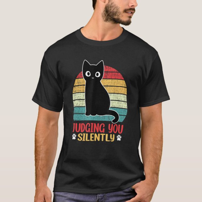 Black Cat Judging You Silently Sarcastic Retro T-Shirt (Front)