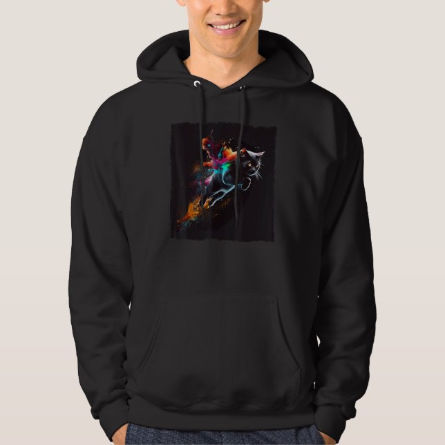 Black Cat Jumping Colorful Hoodie (Front)