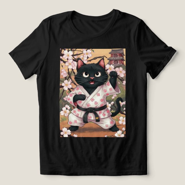 Black Cat Karate Cute Kimono Tri-Blend Shirt (Design Front)