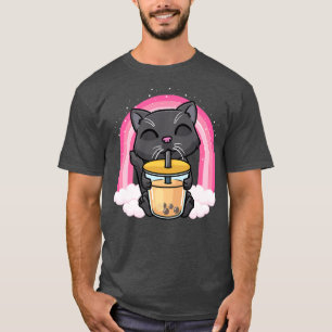 Black Cat Kawaii Drinking Bubble Tea Milk Boba Men T-Shirt