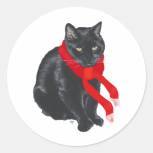 Black Cat Keeping Warm at Christmas Classic Round Sticker