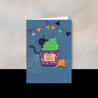 Black Cat Kid Halloween Blue Greeting Card
