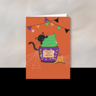 Black Cat Kid Halloween Orange Greeting Card