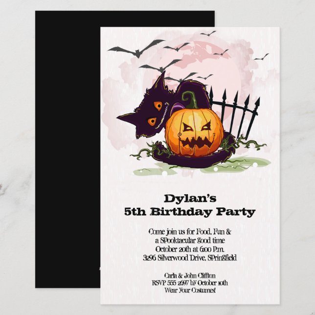 Black Cat Kids Halloween Birthday Invites (Front/Back)